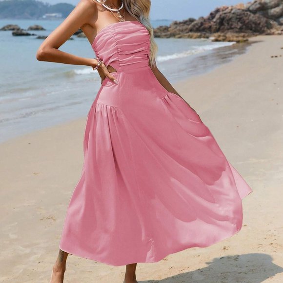 Pink Boho Womens Cut Out Waist Ruched Tube Dress - Picture 5 of 5